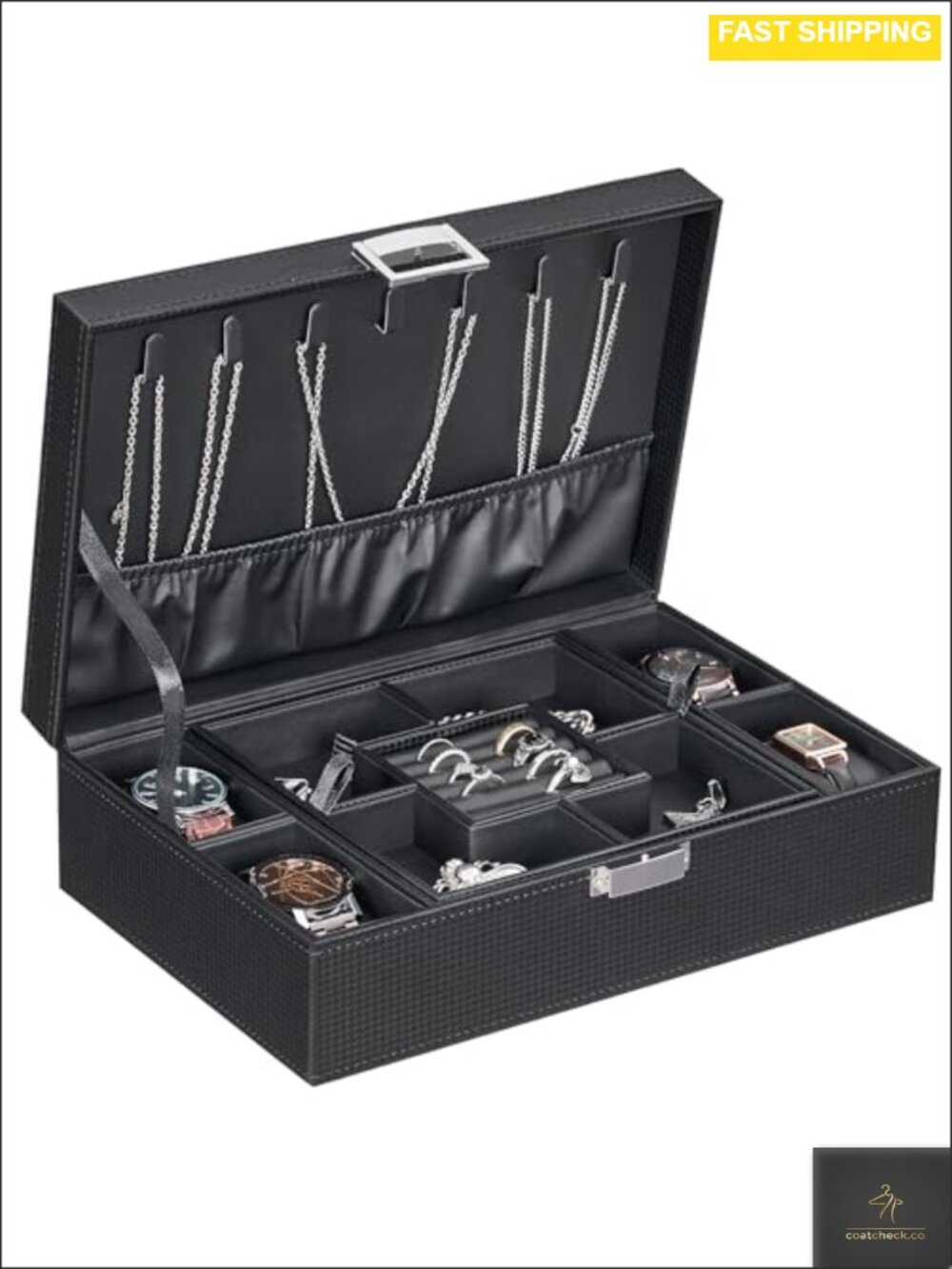 Men's Carbon Fiber Watch & Jewelry Box Organizer 4 Watches 8 Compartments
